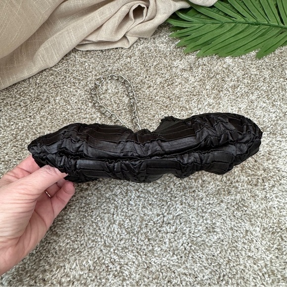 Black Satin Evening Bag Silver Hardware Chain Strap Wristlet Shoulder Purse - Picture 8 of 12